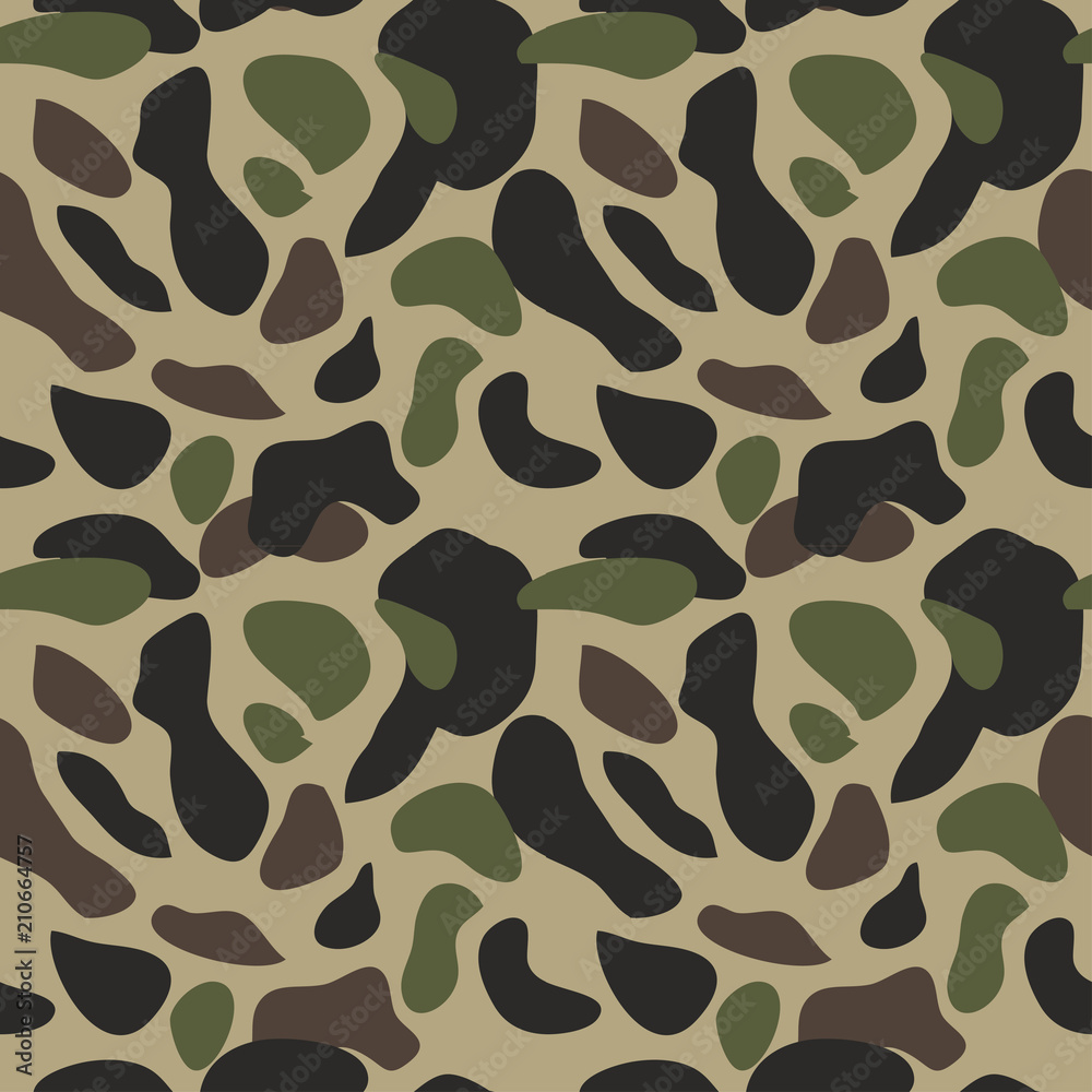 Naklejka premium Camouflage pattern background seamless vector illustration. Classic military clothing style. Camo repeat texture shirt print. Green brown black olive colors forest texture