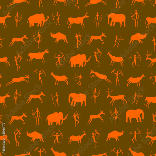 Seamless pattern. Ancient rock drawing with primitive people and prehistoric animals. The Paleolithic era.