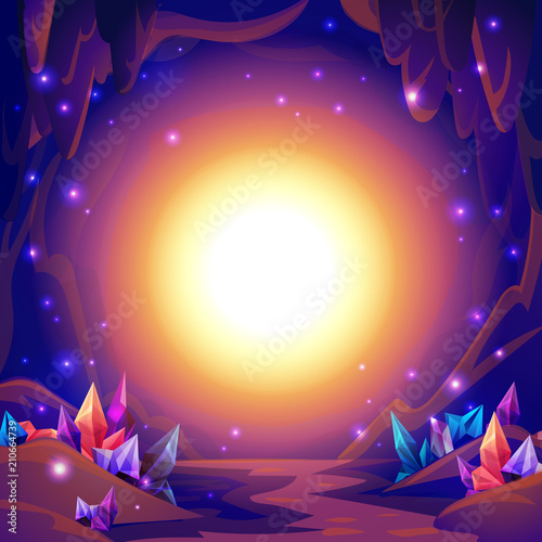 Magic cave. Fairy landscape of a cave with crystals and mystery lights. Fantasy background. photo