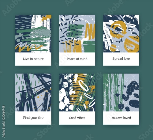 Collection of flyer or postcard templates with abstract hand drawn textures with colorful paint traces, brush strokes, smudges, stains, blots, scribble. Creative artistic vector illustration.