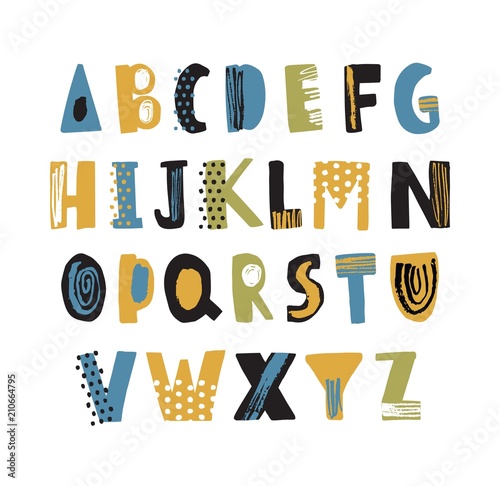 Hand drawn latin font or hipster english alphabet decorated with dots and scribble
