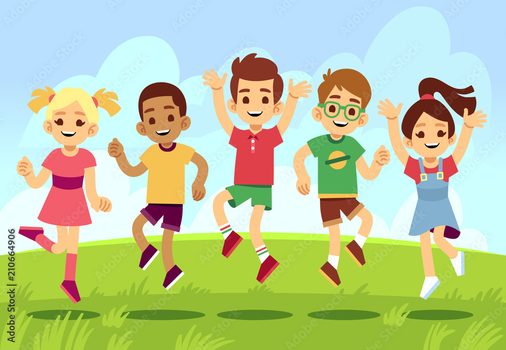 Happy children, boys and girls playing and jumping outdoor. Summer vacation vector concept with cartoon exercising and smiling kids