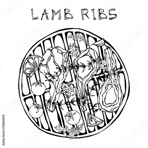Lamb Ribs Chops with Herbs, Lemon, Tomato, Parsley, Thyme, Pepper. On a Round Grill BBQ. Meat Guide for Butcher Shop or Steak House Restaurant Menu. Hand Drawn Illustration. Doodle Style.