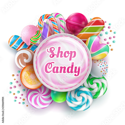 Candy shop background with sweet realistic candies, sweets, caramel, rainbow lollipops and cotton candy. Vector illustration