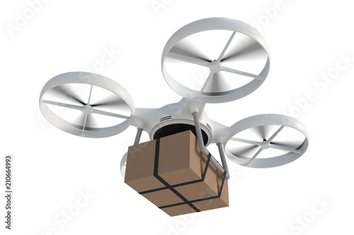 Quad copter is delivering carton box package isolated on white