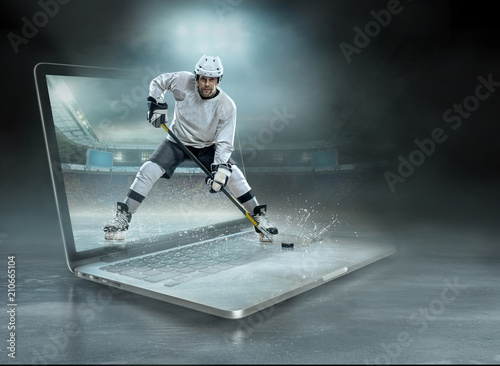 Caucasian ice hockey Players in dynamic action in a professional