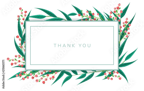 Minimal Thank you note frame with green leaf and red berry. Vector illustration, isolated on white, horizontal banner for nature and floral design