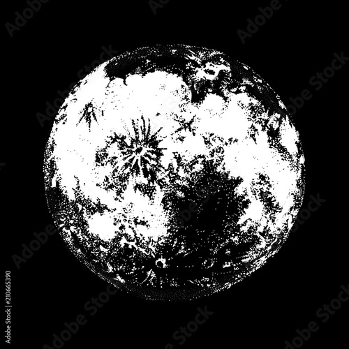 Full moon against hand drawn on black background. Drawing of celestial body, lunar astronomical object or satellite in outer space. Monochrome vector illustration hand drawn in modern dotwork style. photo