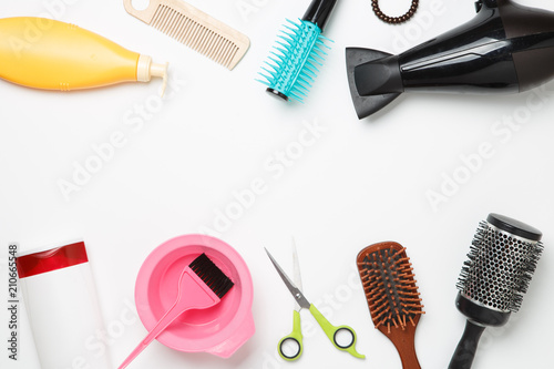 Image of subjects for hairdresser, hair dryer, comb, elastic for hair, scissors isolated