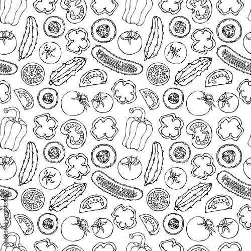 Vector Seamless Pattern with Mini Cucumbers, Red Tomatoes, Bell Pepper and Tomato Slices. Fresh Green Vegetable Salad. Healthy Vegetarian Cuisine. Hand Drawn Illustration. Doodle Style.