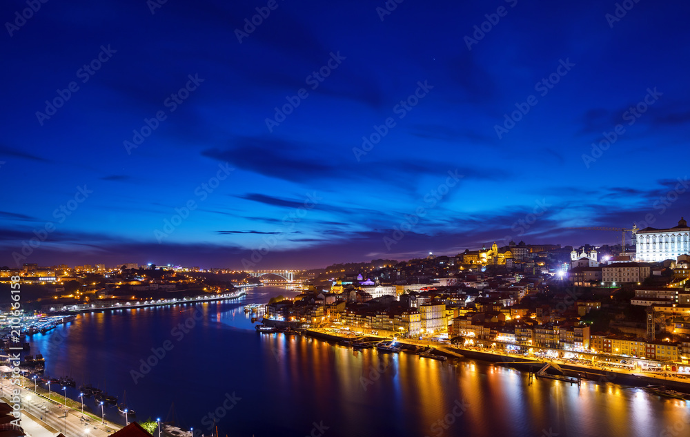 Porto, Portugal. Evening sunset panoramic view at nighttime