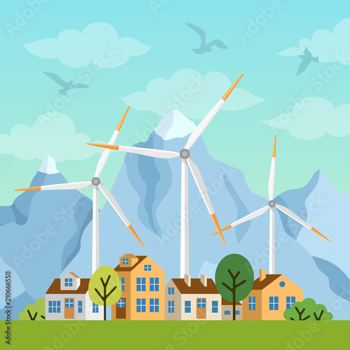 Landscape with private houses and windmills on a background of mountains and hills. Wind generator turbines produce eco renewable energy in nature. Alternative sources of energy.