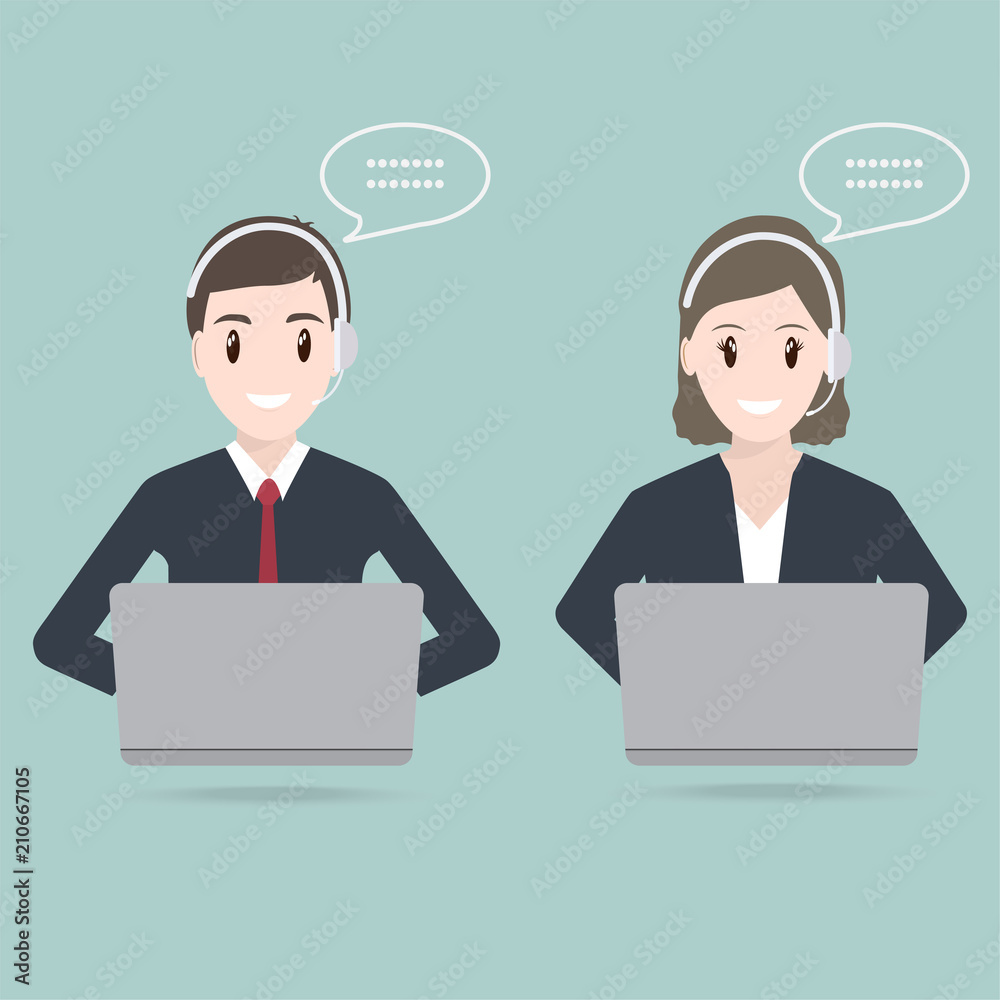 Man and Woman with headphone customer service icon Man and Woman with headphone customer service icon