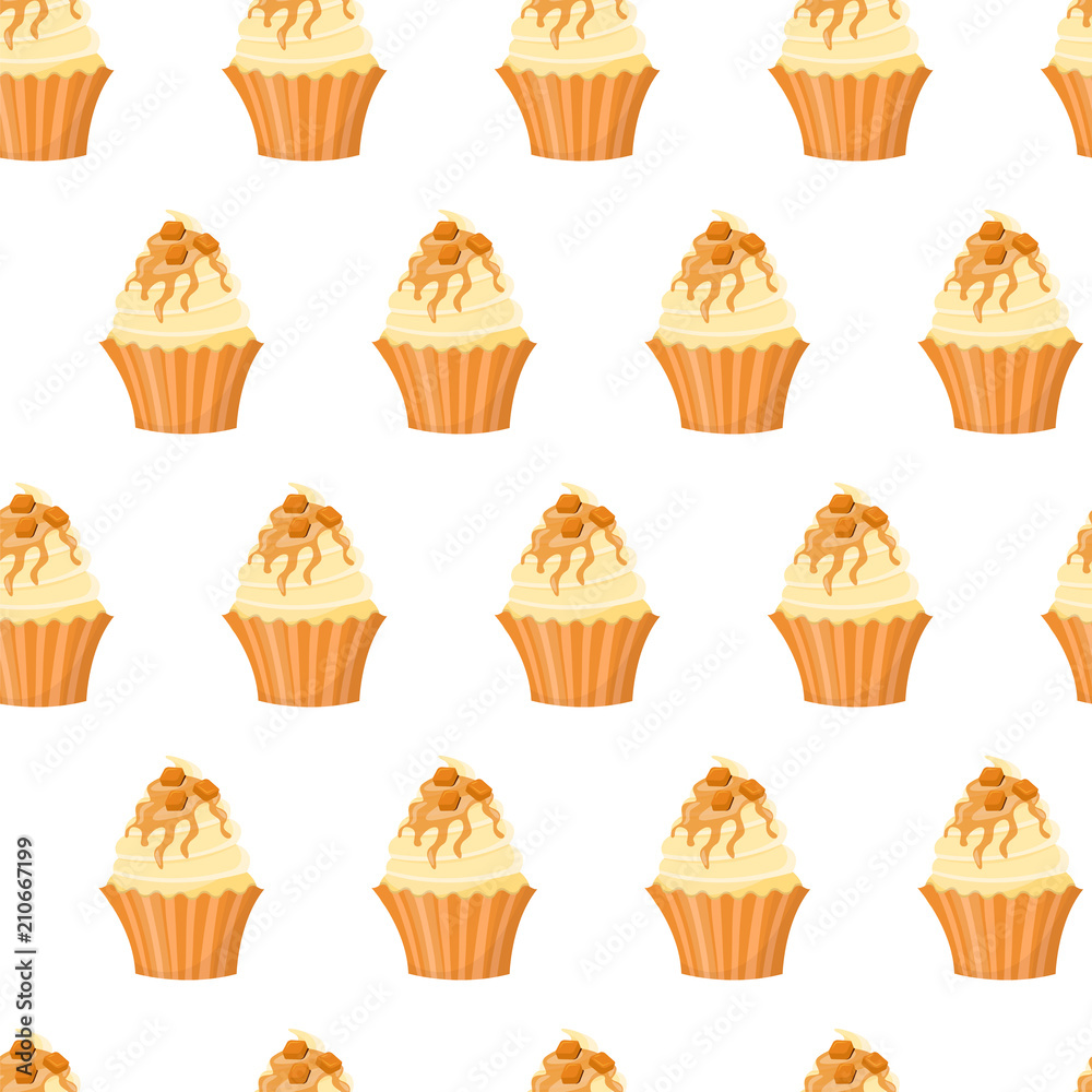 Cupcakes with caramel on a white background. Seamless pattern. Vector illustration.
