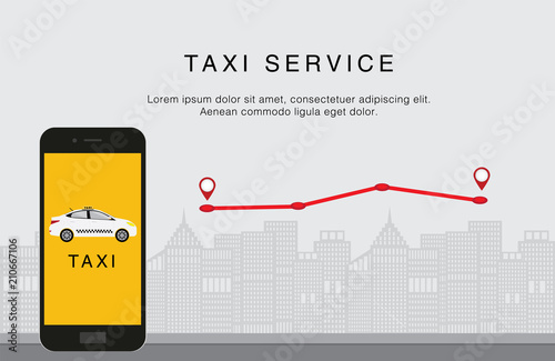 Taxi service. Mobile phone with taxi app on city background. Red map path with pin. Flat vector illustration. Call a taxi