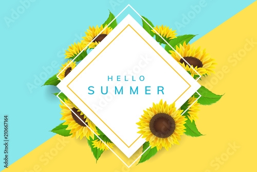 Fototapeta Naklejka Na Ścianę i Meble -  Simple square frame with yellow sunflowers and green leaf. Vector illustration for summer and nature, floral design background