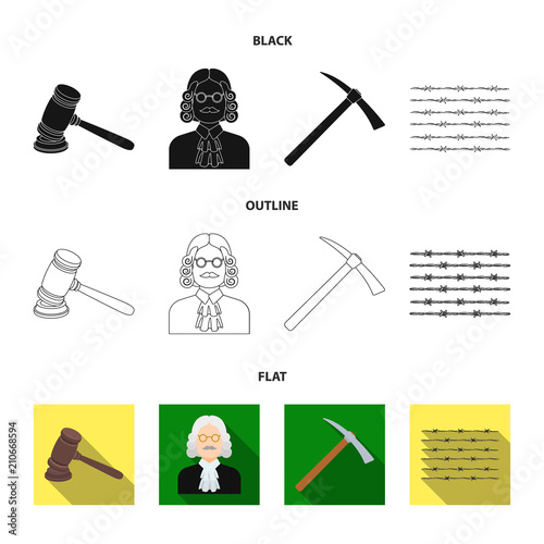 Judge, wooden hammer, barbed wire, pickaxe. Prison set collection icons in black,flat,outline style vector symbol stock illustration web.