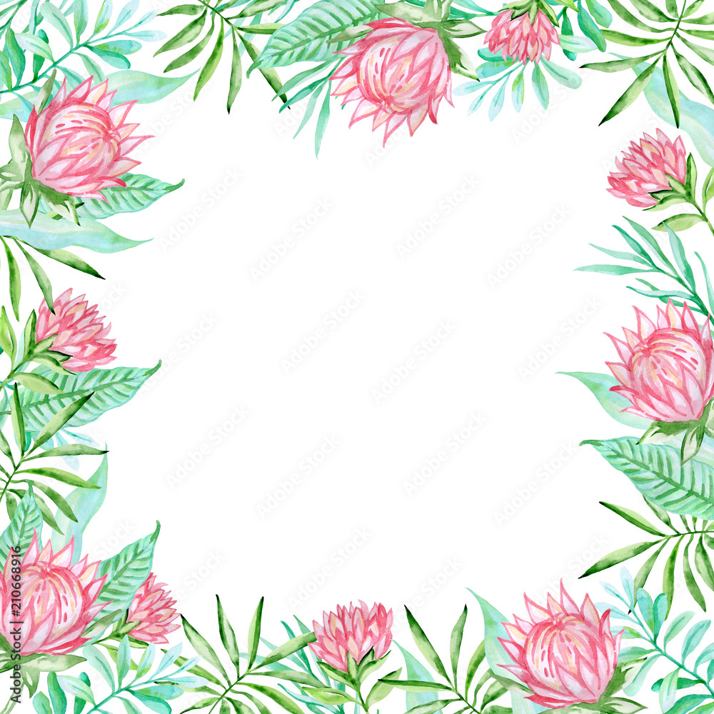 Watercolor tropical background with flowers