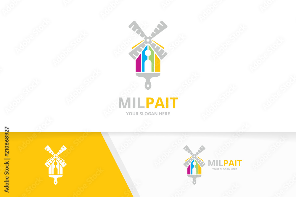 Vector mill and brush logo combination. Farm and paintbrush symbol or icon. Unique windmill and print logotype design template. Vector mill and brush logo combination. Farm and paintbrush symbol or icon. Unique windmill and print logotype design template.