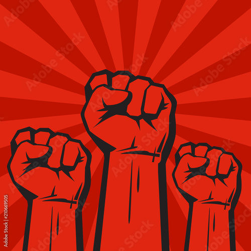Three clenched fists on red grunge background with sun rays. Vector.