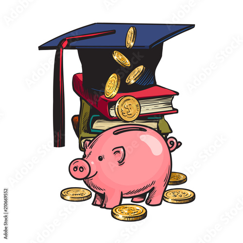 Cartoon piggy bank with graduation hat, money, stack of books.