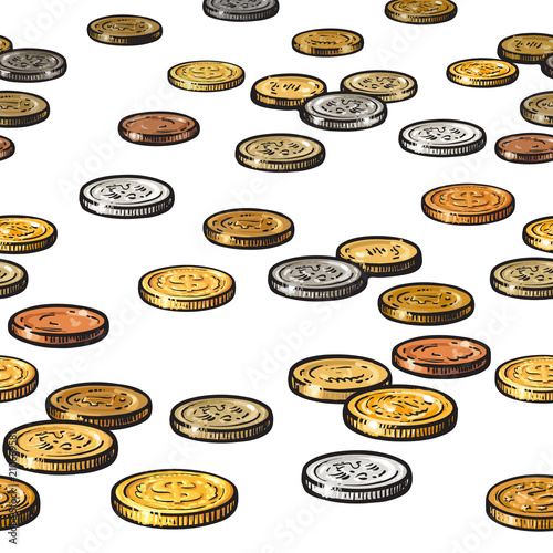 Different coins on white background. Seamless vector border.