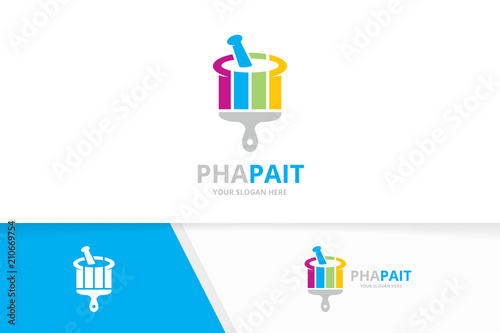 Vector pharmacy and brush logo combination. Pounder and paintbrush symbol or icon. Unique mortar and pestle logotype design template.