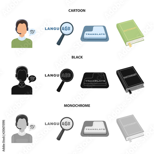 A translator in headphones, a magnifying glass showing translation, a button with an inscription, a book with a bookmark. Interpreter and translator set collection icons in cartoon,black,monochrome