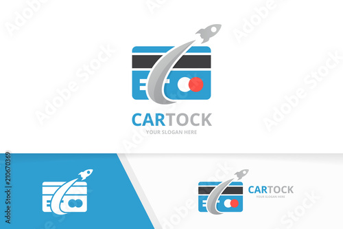 Vector credit card and rocket logo combination. Gift and airplane symbol or icon. Unique discount and flight logotype design template.