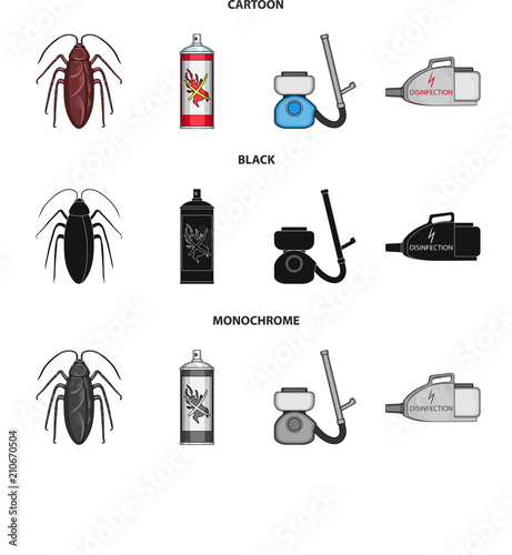 Cockroach and equipment for disinfection cartoon,black,monochrome icons in set collection for design. Pest Control Service vector symbol stock web illustration.