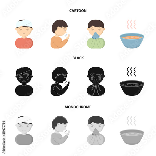 A man with a bandaged head, a man coughing, a man snorts a snot, a bowl, a bowl of hot broth into a handkerchief. Sick set collection icons in cartoon,black,monochrome style vector symbol stock
