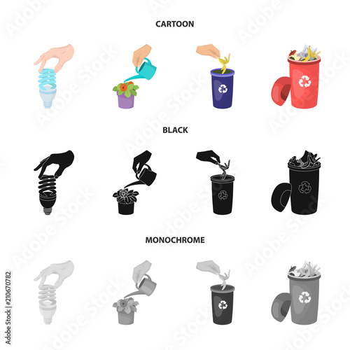 Energy-saving light bulb, watering a houseplant and other web icon in cartoon,black,monochrome style. garbage can with waste and garbage icons in set collection.