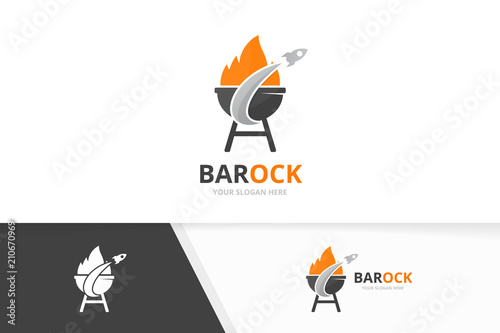 Vector bbq and rocket logo combination. Grill and airplane symbol or icon. Unique barbecue and flight logotype design template.