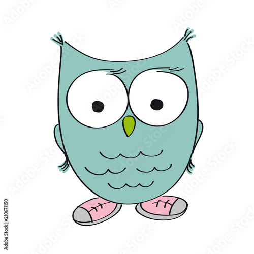 Funny wise owl wearing shoes - original hand drawn illustration