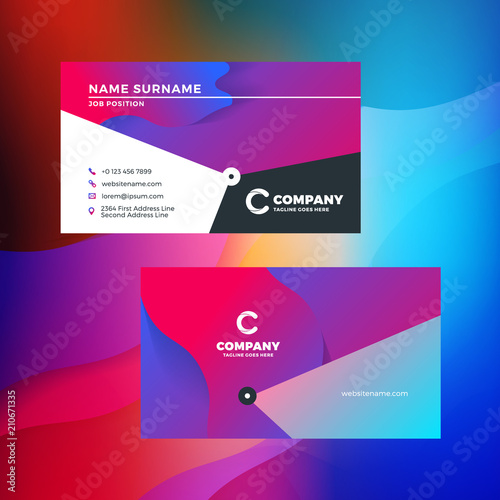 Double-sided horizontal business card template with abstract background. Vivid gradients. Vector mockup illustration. Stationery design