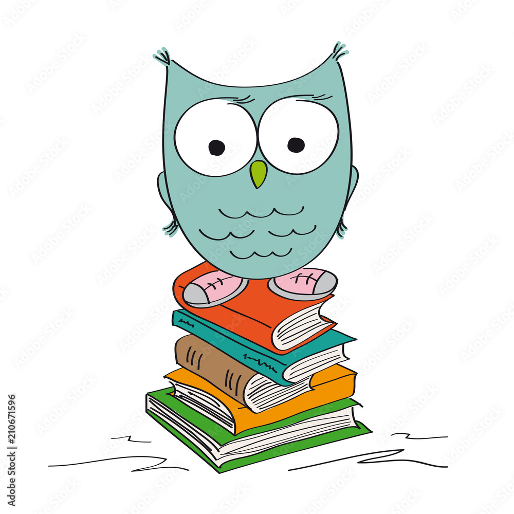 Naklejka premium Śmieszna mądra sowa stojąca na stosie książek w butach - oryginalna ilustracja