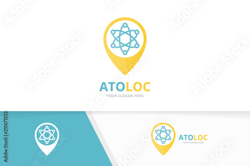 Vector atom and map pointer logo combination. Molecule and gps locator symbol or icon. Unique science and pin logotype design template.