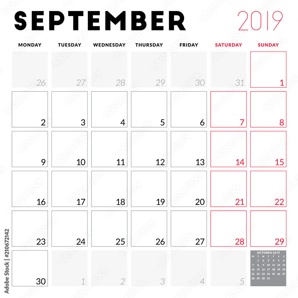 Calendar planner for September 2019. Week starts on Monday. Printable  vector stationery design template Stock Vector | Adobe Stock