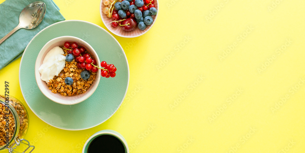 Breakfast with waffles, wipped cream, berries and granola Breakfast with waffles, wipped cream, berries and granola