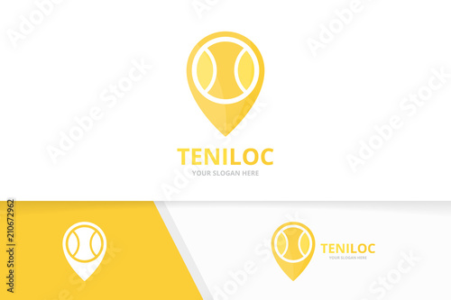Vector tennis and map pointer logo combination. Game and gps locator symbol or icon. Unique ball and pin logotype design template.