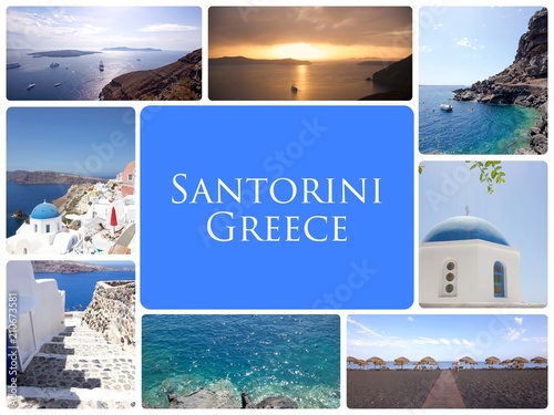 A collage of beautiful summer photos in Santorini island, Greece