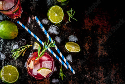 Refreshment alcoholic red cranberry and lime cocktail with rosemary and ice, two glass, dark background copy space top view