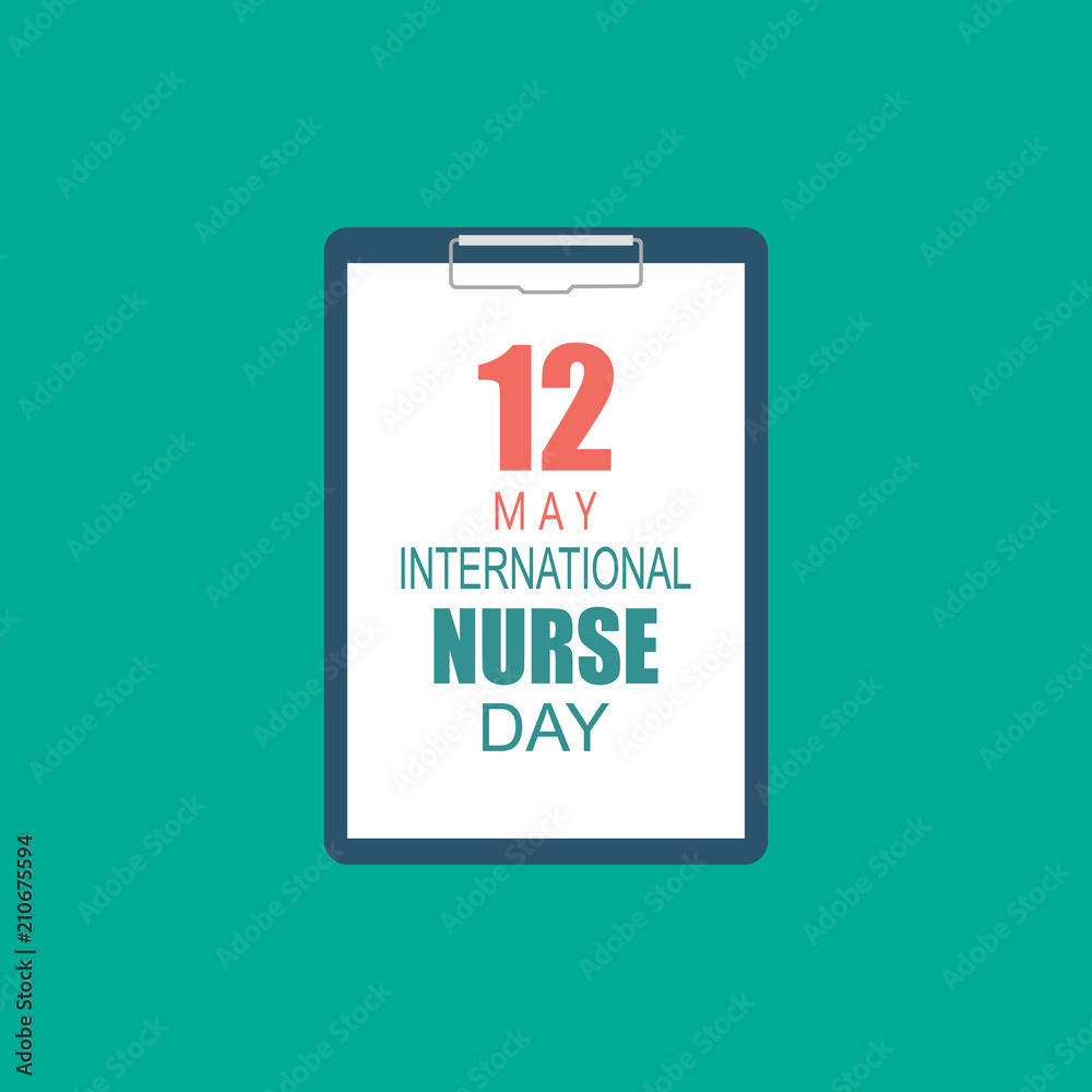 12 May. International Nurse Day background. Close-up of a female doctor with lab coat in her office holding a clipboard. Vector flat illustration