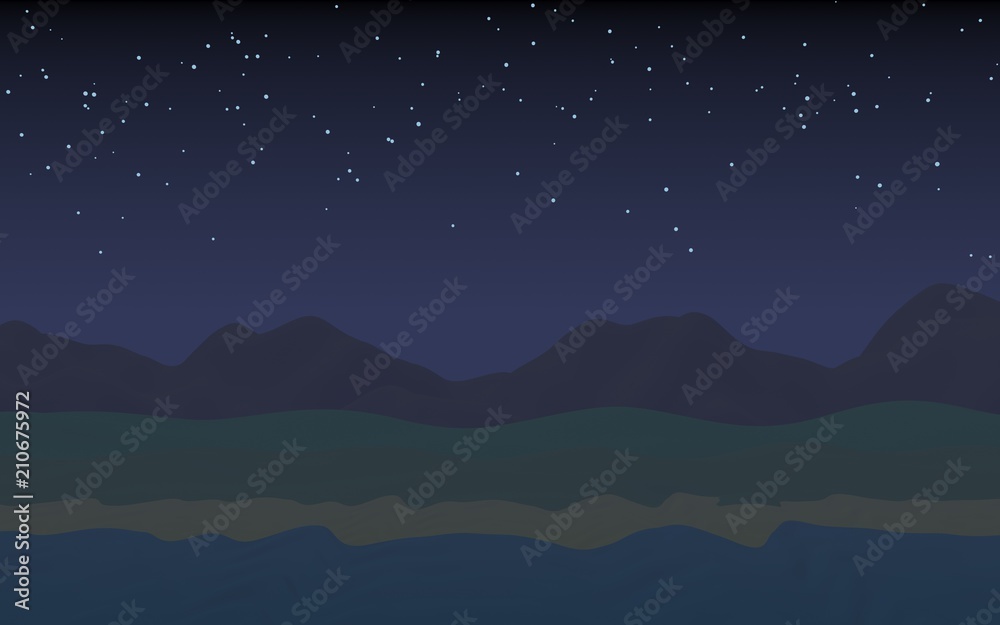 Starry moonless sky. Ocean shore line with waves on a beach. Island beach paradise with waves. Vacation, summer, relaxation. Seascape, seashore. Minimalist landscape, primitivism. 3D illustration