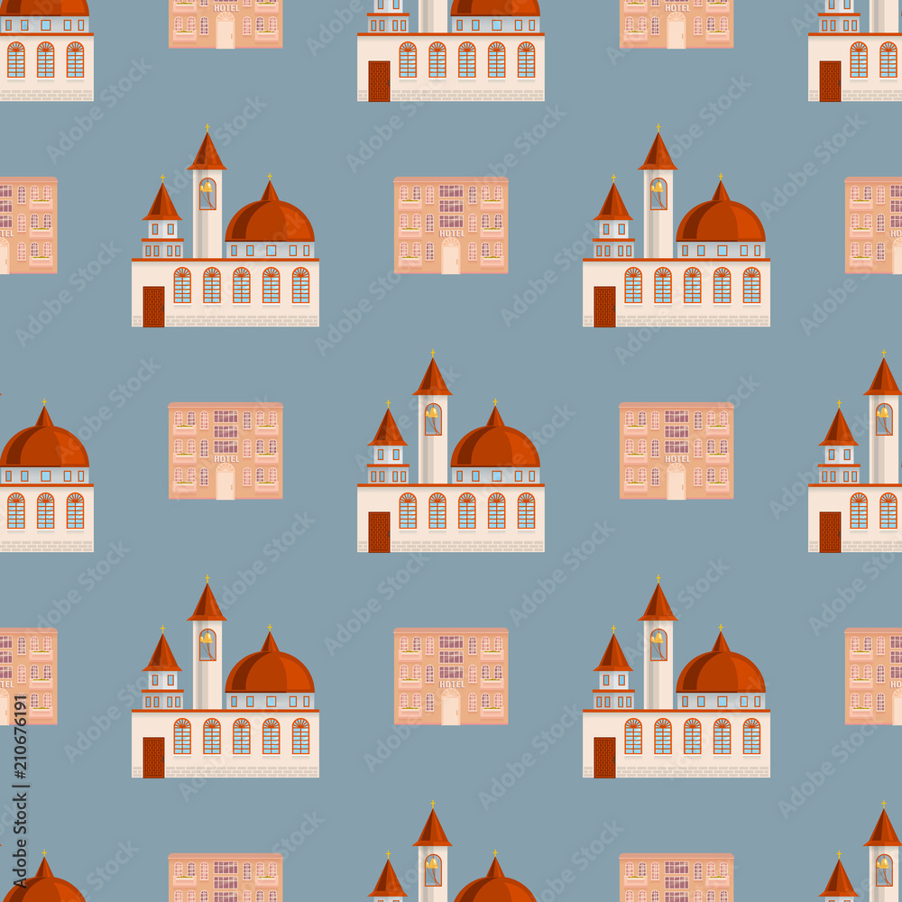 City public buildings houses seamless pattern background flat design office architecture modern street apartment vector illustration.