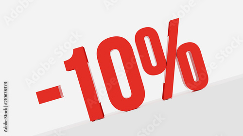 10 percent discount at an angle. Red big numbers with minus sign on white background for design. 3d illustration. photo