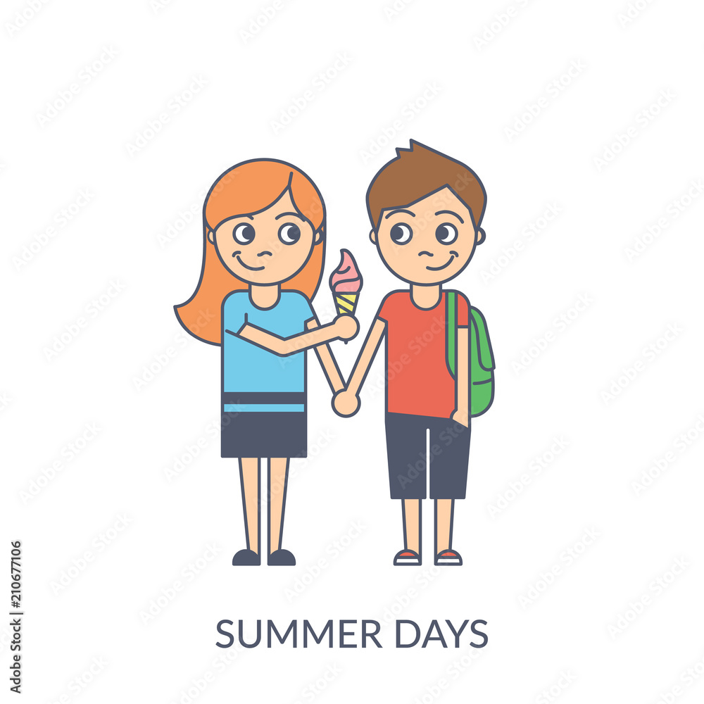 Summer couple. Cartoon flat vector illustration of young girl and boy holding hands and eating icecream together. Flirting teenagers like to eat icecream in summer days isolated on white background