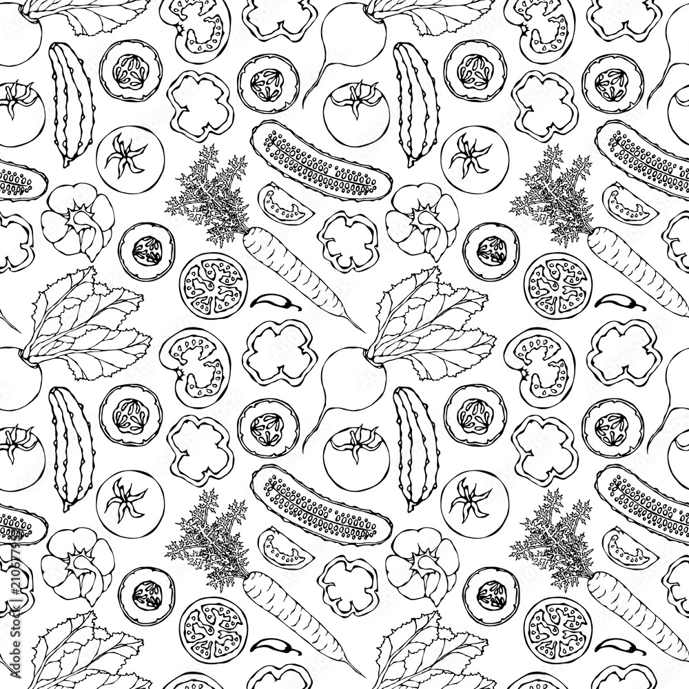 Vegetable Seamless Pattern with Cucumbers, Red Tomatoes, Bell Pepper, Beet, Carrot. Fresh Green Salad. Healthy Vegetarian Food. Hand Drawn Illustration. Doodle Style.