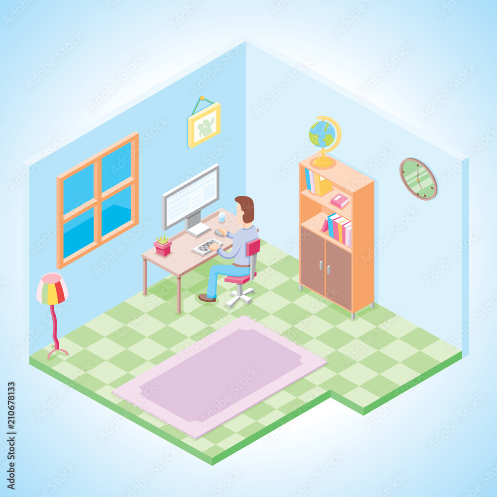 using computer in a working room isometric