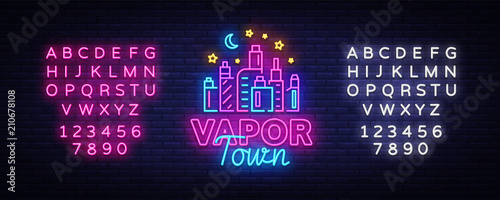 Vape shop neon sign vector. Vaping Store Logo Emblem Neon, Its Vape Shop Concept Vapor Town, Fighting Smoking. Trendy designer elements for print and advertising. Vector. Editing text neon sign